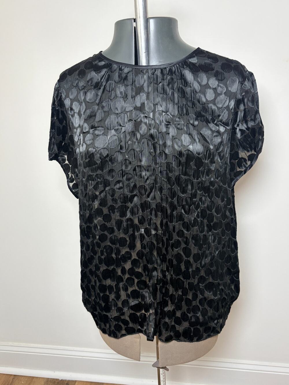 Faconnable Black Sheer Polka Dot Top Silk Blend Womens Size XL France